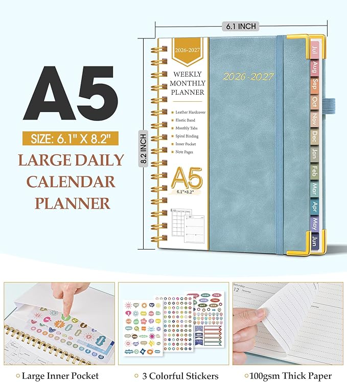 Academic Planner 2026-2027, Hardcover Leather Weekly and Monthly Calendar Planner from July 2026 - June 2027, A5 6.1" x 8.2" Daily Agenda with Tabs, College School Organizer for Student Teacher, Dusty Blue