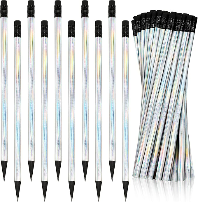 Tinlade 36 Pack Black Wood Cased 2 HB Pencils Soft Cool Holographic Pencil with Eraser Holographic Barrel for Home Office School Classroom Supplies, 7.36 Inch (Silver)