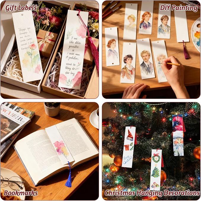 LOTMER 200 Pcs Watercolor Paper Blank Bookmarks with Colorful Tassels Book Marks Tassels DIY Kit Cotton Watercolor Paper Bookmarks with Hole for DIY and Gifts Tags 7.87x1.97 inch