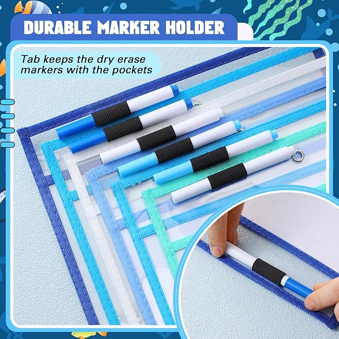 24 Pcs Dry Erase Pocket Reusable Sleeves 10" x 14" Clear Plastic Sheet Protectors with Markers and Mini Dry Erasers for Paper(Ocean Teal)