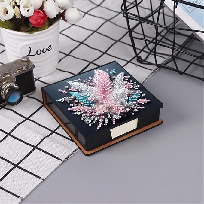 Feather Diamonds Painting Kit Note Box,Memo Paper Storage Box Diamond Art,Sticky Note Holder Diamond Art,Diamond Painting Memo Pad For Office Desk. (Feather)