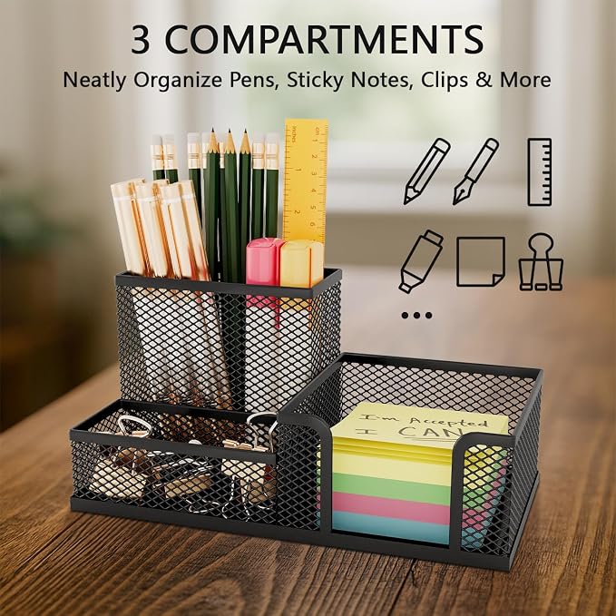 Mesh Pen Holder for Desk 3 Compartment Desk Organizer for Pens Pencils Sticky Notes Office Accessories