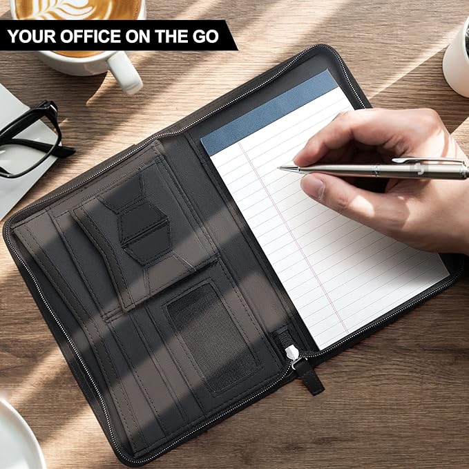 Godery Mini Leather Zippered Padfolio Portfolio Binder 5 x 8 Legal Writing Pad, Professional Business Portfolio for Men & Women, Card Holder, Notepad Clipboard Holder (Black)