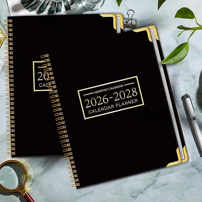 Monthly Planner 2026-2028, Hardcover with Metal Corner 3 year calendar 2026-2027-2028 Calendar Book from Jan 2026 - Dec 2028, 9“ x 11”, Spiral Bound,Organizer for Office, School, and Home, Black