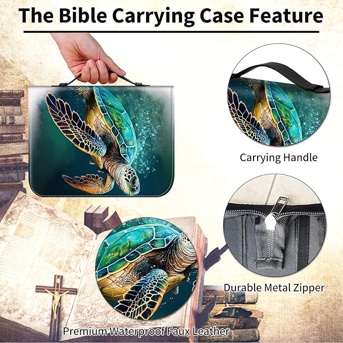 Bible Cover for Men Women,Large Leather Bible Case Fit Book Up to 11x8x2 Inch,Green Sea Turtle Bible Covers Bible Study Carrier Church Bags w/Handle & Zipper