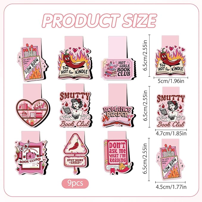 Smutty Magnetic Bookmarks for Women, 9 Pcs Funny Spicy Book Mark Clips, Cute Pink Magnet Book Marks for Reading, Smutty Romance Merch Gifts for Christmas Valentine