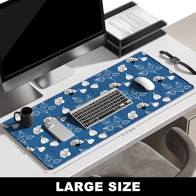 BOSOBO Large Mouse Pad, Desk Pad, XXL XL Extended Gaming Mouse Pad, Desk Mat for Office & Home, Long Keyboard Mat, Huge Mouse Pad, Desktop Full Cover 31.5 x 11.8 Inches, Minimalist Blue White Flowers