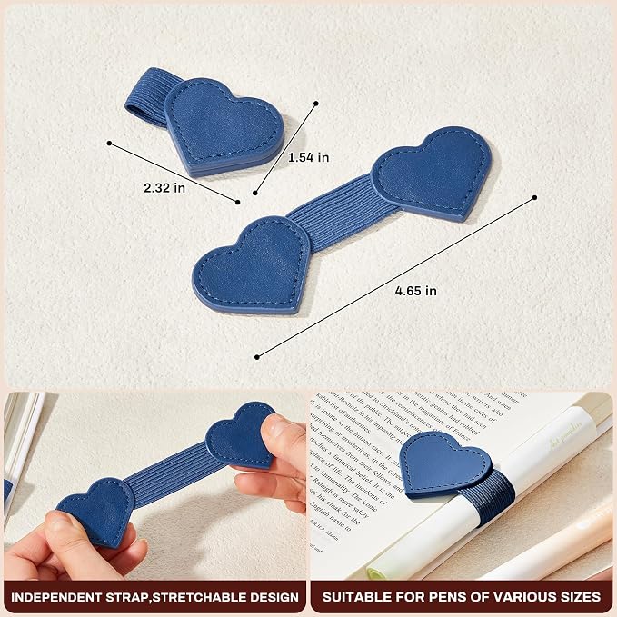 2Pcs Magnetic Leather Bookmarks with Gift Box, Heart-Shaped Magnetic Pen Holder Book Marks Clip Gift for Book Lover Readers Cute Bookmark for Women, Dark Blue