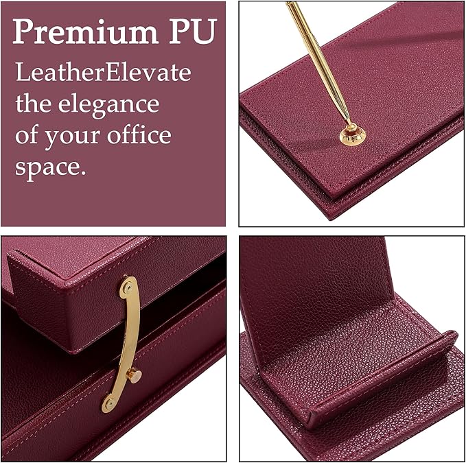 Leather Desk Set,15-Piece Desk Organizer Set, Executive Office Accessories with Desk Pad & Blotter, 2-Tier Tray, Pen Holder & More, Professional Office Desk Decor & Gift Set (Burgundy)