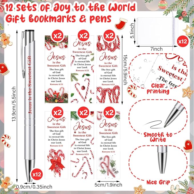 Dispowreath 24 Pcs/12 Sets Jesus is the Sweetest Gift, Include 12 Xmas Romans 6: 23 Bookmark 12 Bible Verse Ballpoint Pen for Christmas Church Prizes Party Favors