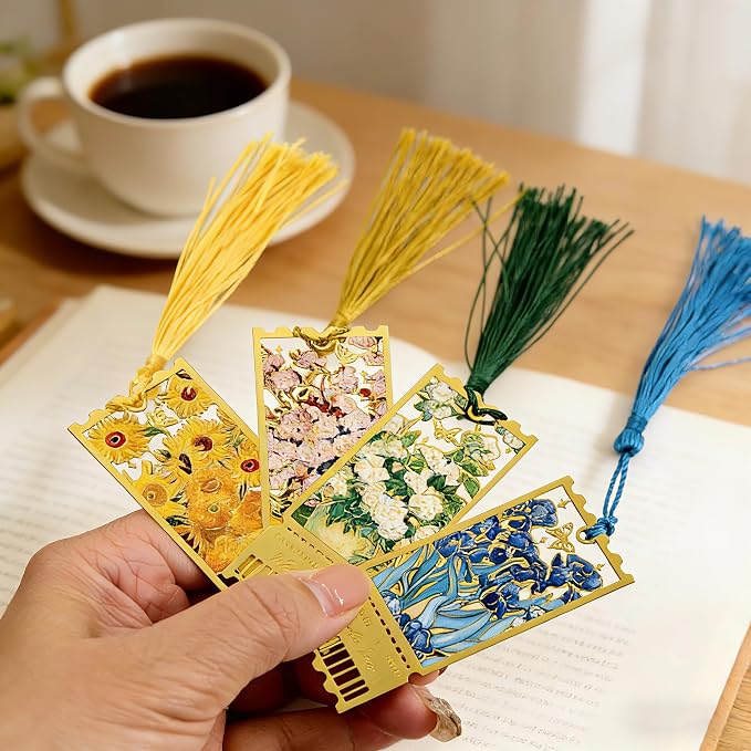 4 Pack Metal Bookmarks with Tassel, Oil Painting Style Decorative Bookmarks, Reading Page Markers for Book Lovers, Readers, Writers, Students, Adults, Men & Women