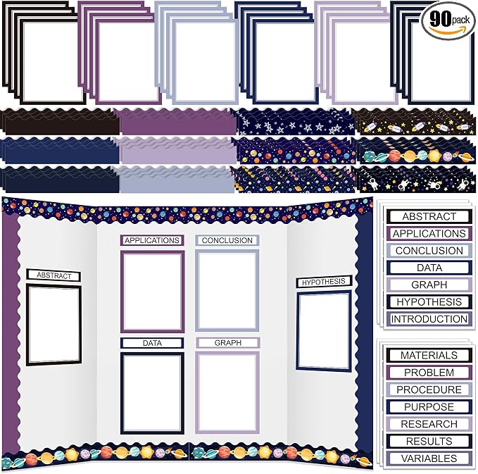 Fuyoooo 90 Pcs Science Fair Board Supplies 60 Trim Scalloped Bulletin Borders 24 Presentation Board Subtitles 6 Science Fair Titles for Classroom Display Boards(Space)