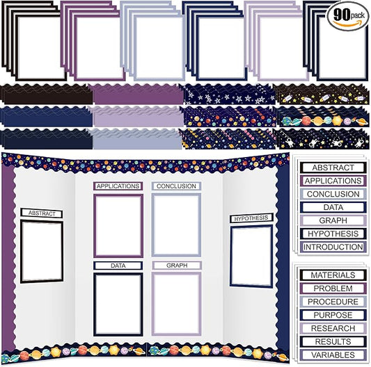 Fuyoooo 90 Pcs Science Fair Board Supplies 60 Trim Scalloped Bulletin Borders 24 Presentation Board Subtitles 6 Science Fair Titles for Classroom Display Boards(Space)