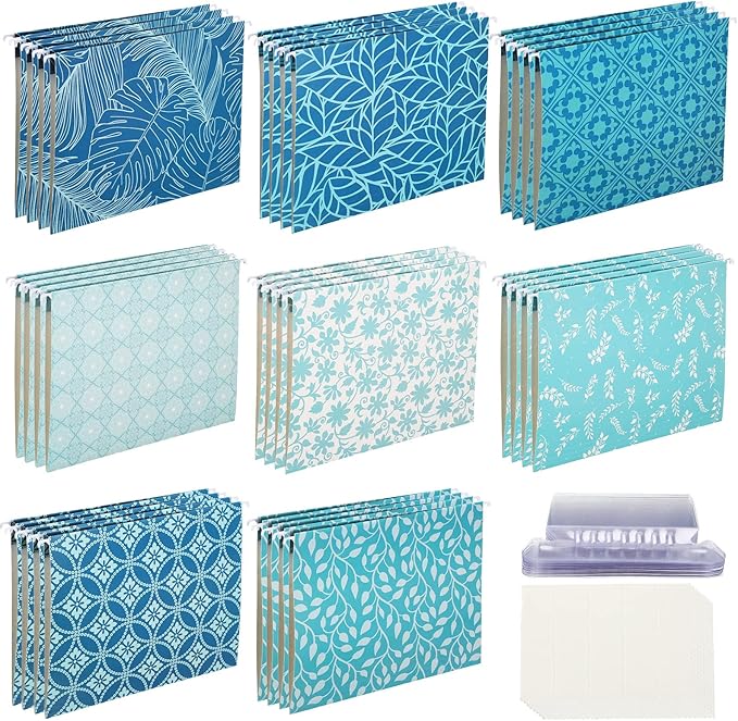 Estune 32 Pcs Blue Decorative Hanging File Folders Letter Size Cabinet File Folders Organizers with 1/5 Cut Adjustable Tabs for Office Desk School Filing Cabinet Home