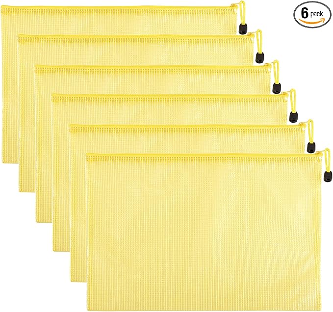 6 Pcs 13.39" x 9.45" A4 Sizes Mesh Zipper Pouch Bags, Mesh Bags with Zipper，Waterproof Clear Document Pouch for Organization Puzzles Travel, Office, Classroom Organization, A4 Yellow