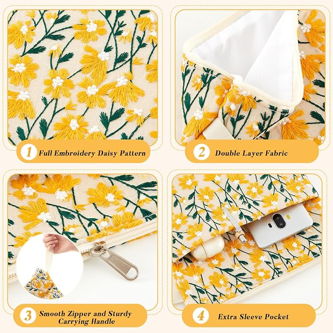 12''x9'' Daisy Embroidered Book Sleeve with Cotton Lining with Handle and Zipper Book Protector for Paperback and Hardcover, Christmas Ideal Gift Book Sleeve Pouch for Book Lovers(Yellow)
