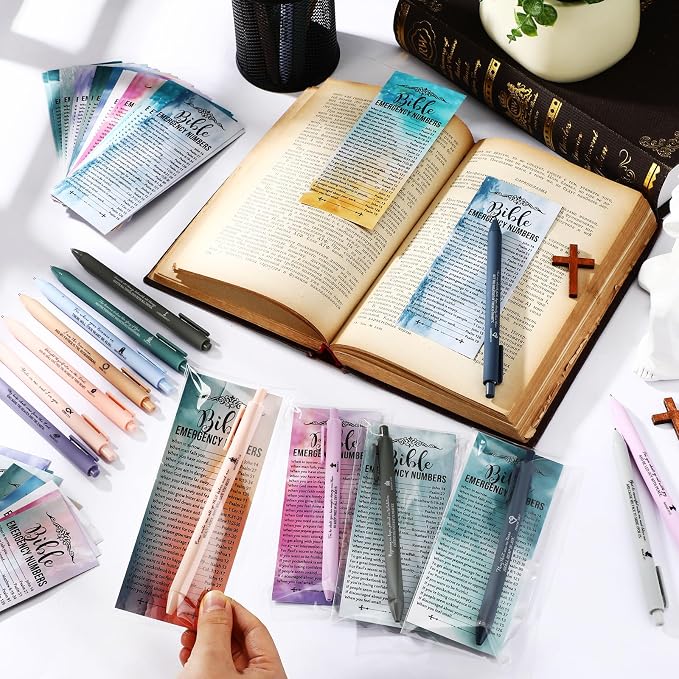 Feifeiya 150 Set Christian Fathers Day Church Gifts Bulk Pentecost Pastor Clergy Religious Pens Bible Verse Party Favor Emergency Number Bookmark Card for Sunday School Pastor(Watercolor,Religious)