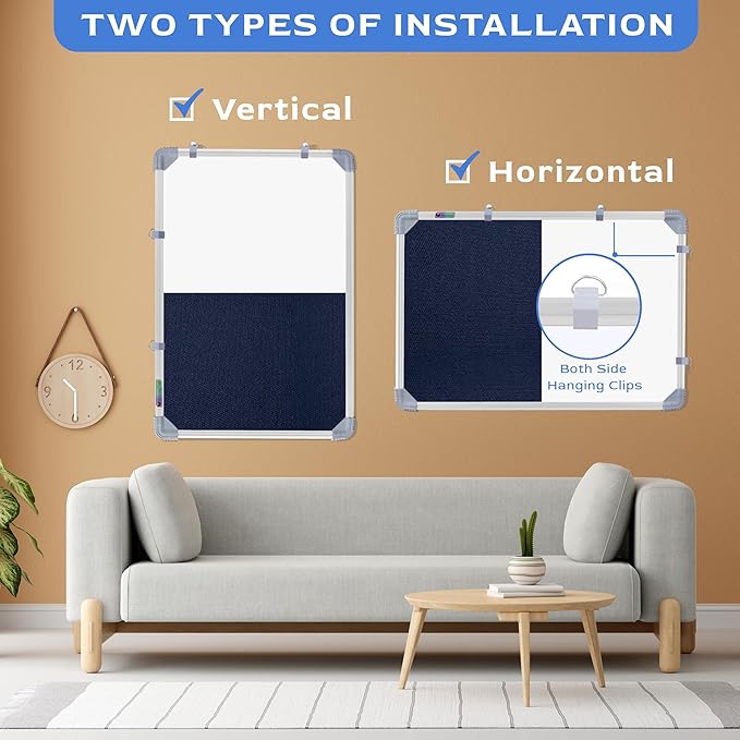 Combination Board 1.5x2 Feet (Magnetic White Board with Blue Pin-up Notice Board) with Push Pins for Home, Office & School, Heavy-Duty Aluminium Frame (White, Blue) (41x59 cm)