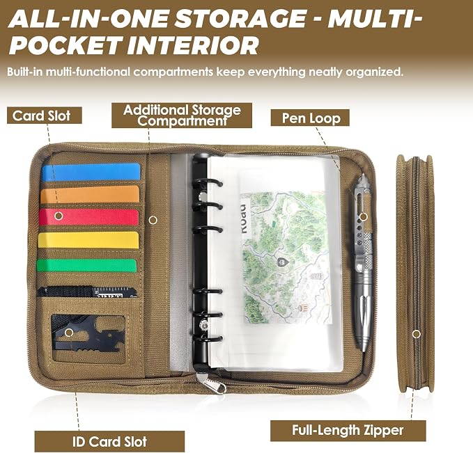 Tactical Notebook Cover, A6 Padfolio 6 Ring Binder with Big Back Pocket & Hand Strap, Zippered Hardcase Planner for Journal, College, Office, Field (Khaki, A6(5.5 x 8.5 inches))