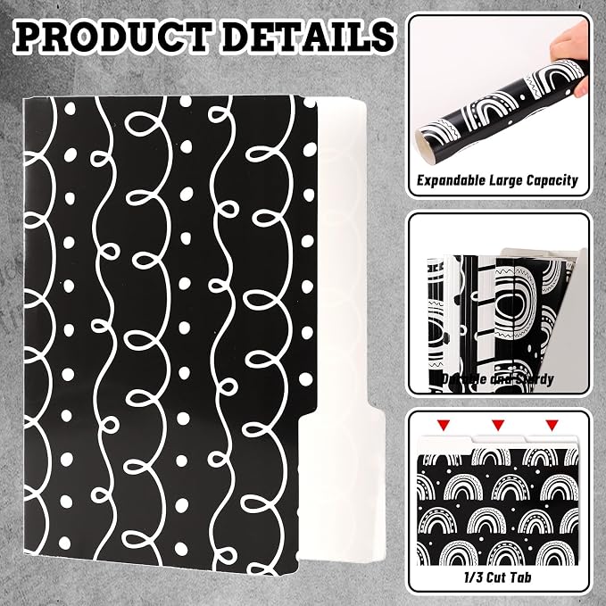 Whaline 24 Pack Black White File Folders Letter Size Squiggle Dot Stripe Rainbow File Pockets with 1/3 Cut Tab for Home Office Classroom Supplies, 8.9 x 11.6 Inch