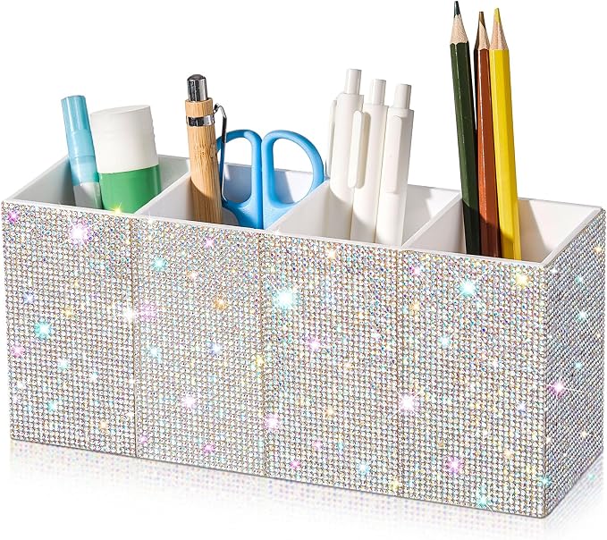 Bling Desk Organizer for Women, Rhinestone Pen Makeup Brush Holder, Girly Desk Accessories Organizer for Office Classroom Elevate Your Workspace with Serenity(Rhinestone,White)