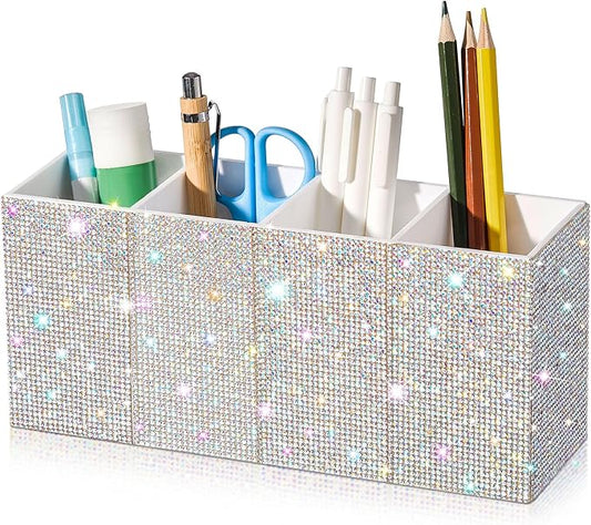 Bling Desk Organizer for Women, Rhinestone Pen Makeup Brush Holder, Girly Desk Accessories Organizer for Office Classroom Elevate Your Workspace with Serenity(Rhinestone,White)