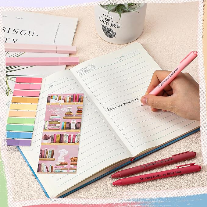 Spakon 7 Pcs Book Lovers Gifts for Readers Bookish Book Annotation Kit Aesthetic Pastel Highlighters No Bleed Gel Pens Reading Tabs Bookmark for Women Library Student Bible(Pink Series)