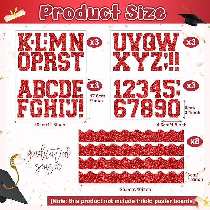 Red 175 Pcs Graduation Photo Display Board Sticker Glitter Border Trim Alphabet Letter Number for 2026 Grad Party Trifold Poster Photo Display Science Fairs Event Displays Bulletin Board