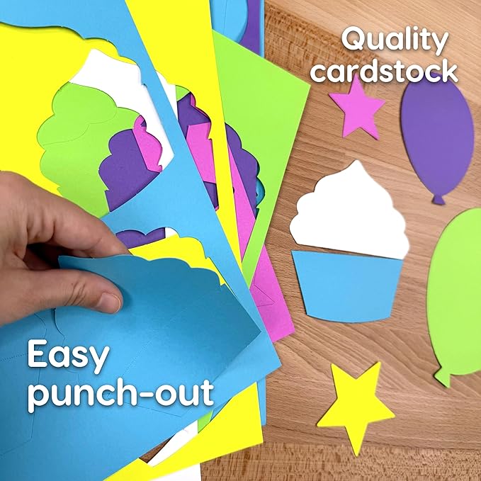 224 Pieces Birthday Party Cutouts in Happy Colors for Crafts and Decorations, Balloons, Cupcakes and Stars for Classroom Projects, Bulletin Boards, DIY Cards, Double Sided USA Made Cardstock
