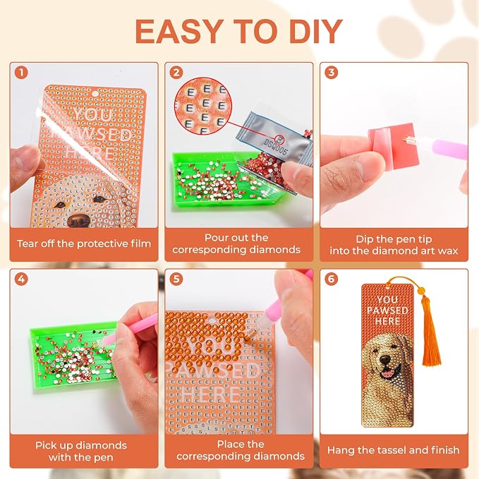 6 Pack Diamond Art Bookmark Kit, Dog Theme with Tassels - Great Gift for Book Lovers and Readers