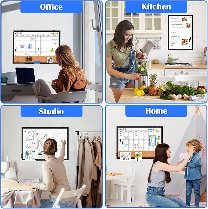 Monthly Calendar Whiteboard Dry Erase Cork Board Combo for Wall, 30" x 20" Double-Sided Calendar White Board and Bulletin Board with Black Aluminium Frame, Planning Board for Office, Home, School