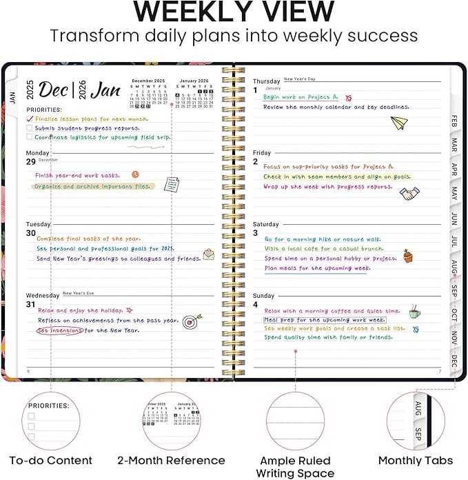 2026 Planner, Weekly and Monthly Calendar Planner Book, January 2026 - December 2026, Hardcover Spiral Planner with Monthly Tabs, Notes Pages, Perfect for Women & Men, A4 (8.5" x 11") - Bird