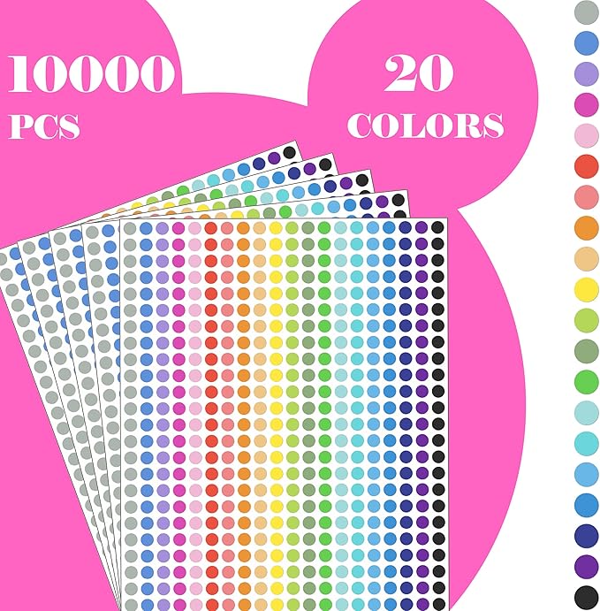 10000 PCS Small Dot Stickers 1/4" Round Color Coding Labels Circle Dot Stickers Label Sticker in 20 Colors for Office,Classroom