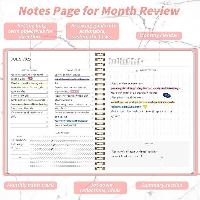 Monthly Planner 2025-2027, July 2025 - June 2027, 2 Year Calendar 2025-2027 Monthly Planner, 7.5" x 10", 24 month Calendar With Goals To Do List, Habit Tracker Suitable for Schools & Offices & Home, Pink