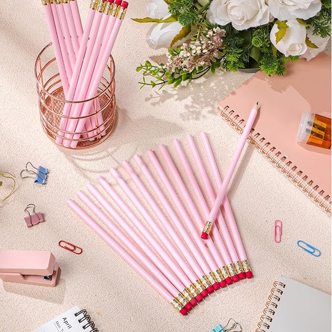 24 Pcs Round Pencils with Eraser 2 HB Cute Pencils Bulk for School Graphite Wood Color Unsharpened Pencil for Drawing Sketching Wedding School Teacher Supplies Student Reward(Pink)
