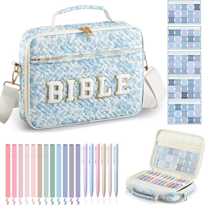 Sinload Quilted Bible Cover Case for Women 12 x 9 x 2.5 Inch Bible Chenille Letter Bag with Shoulder Strap Carrying Tabs 6 Colored Pens 12 Highlighters Christian Church Study Gifts(Blue,Floral)