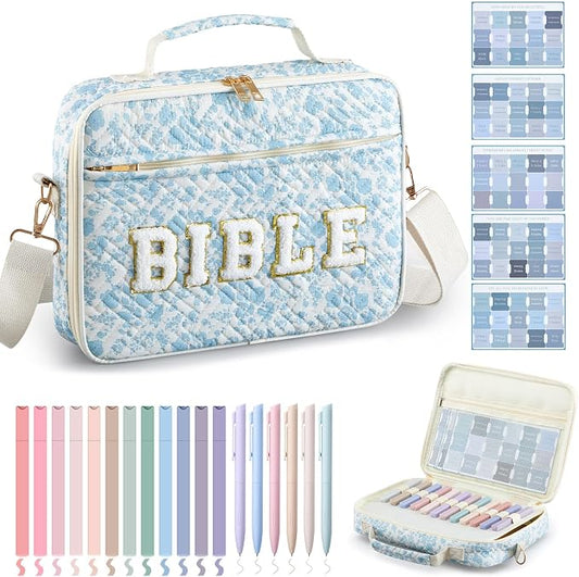 Sinload Quilted Bible Cover Case for Women 12 x 9 x 2.5 Inch Bible Chenille Letter Bag with Shoulder Strap Carrying Tabs 6 Colored Pens 12 Highlighters Christian Church Study Gifts(Blue,Floral)