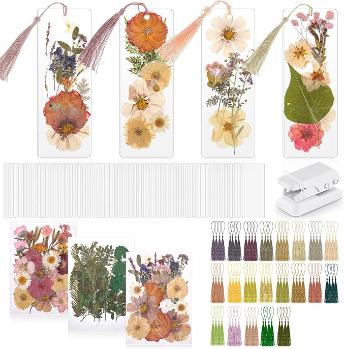 Fuyoooo 376 Pcs Dried Flower Bookmark Making Kit, DIY Bookmark Laminating Pouches with Tassels and Puncher, Handmade Craft Kit for Women, DIY Gifts for Book Lovers (Retro Color,2 x 6 Inch)