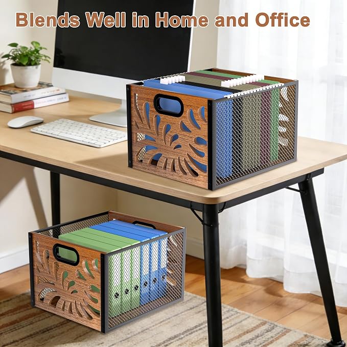 Wood File Box,Hanging File Organizer Box,Portable Files Storage Boxes,Decorative Filing Boxes Bin for Letter Size,Desktop Files Folder Organizer for Home Office School Desk Cabinet