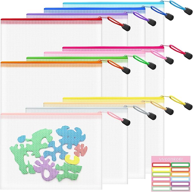 12pcs Mesh Zipper Pouch Bags Small, A5 9.5x7.2 Inches, 12 Colors Zipper Pouches for Classroom, Organizing Bags for Home, Office and Puzzle Storage