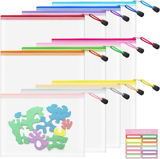 12pcs Mesh Zipper Pouch Bags Small, A5 9.5x7.2 Inches, 12 Colors Zipper Pouches for Classroom, Organizing Bags for Home, Office and Puzzle Storage