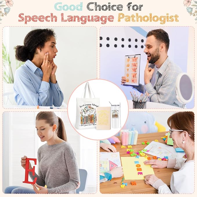 Fuutreo 3 Pcs Speech Language Pathologist Appreciation Gifts for Women, 20 oz Stainless Steel Tumbler Cup with Lid Canvas Tote Bag Leather Journal Thank You Gifts for Speech Language Pathologist