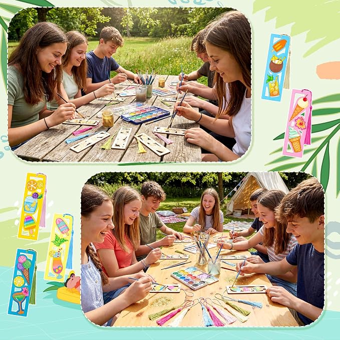 Yexiya 50 Sets Summer Ice Cream DIY Bookmarks Kit for Kids Bulk 100 Pcs Unfinished Wood Crafts with Tassels for Summer Camp Classroom Rewards and 2026 End of Year Student Gifts