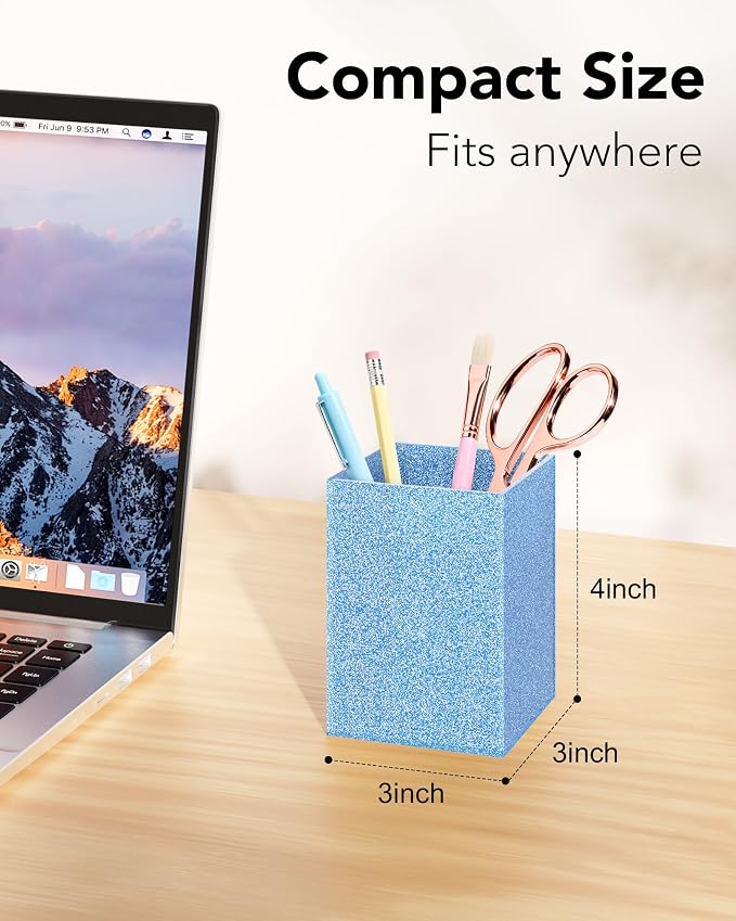 Blue Glitter Acrylic Pen Holder, Acrylic Makeup Brush Storage Organizer, Pencil Pen Holder for Desk, Modern Desktop Accessories for Office School Home Supplies