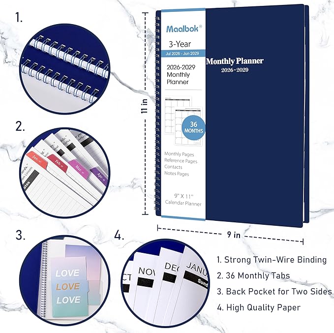 2026-2029 Monthly Planner/Calendar - 3 Year Monthly Planner 2026-2029, Jul 2026 - Jun 2029, 9'' x 11'', Calendar Planner with 36 Months Tabs, Double-Side Pocket, Holidays, Notes Pages-Blue