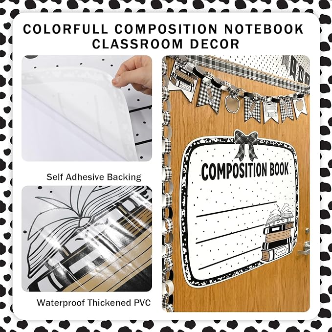 Gueevin 4 Pcs Large 23 * 16.5 inch Composition Book Cutouts Composition Notebook Bulletin Board Trim for Classroom Door First Day of School Wall Windows Porch Sign (Black White)