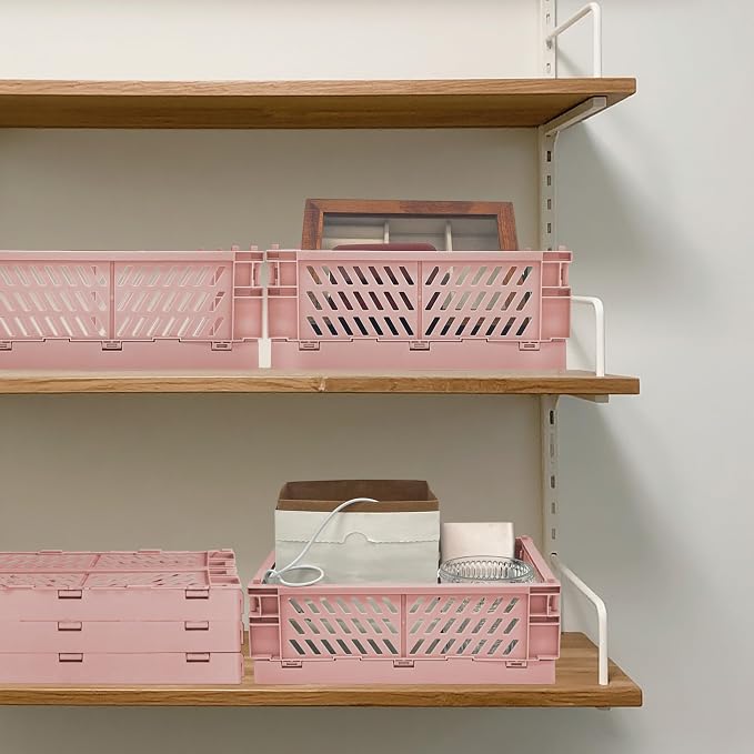 2 Pack Mini Foldable Small Plastic Baskets for Organizing and Storage，Collapsible Storage Crates,Mini Bins for Home Kitchen Bedroom Bathroom Office (Pink, Large 10x6.5x4)