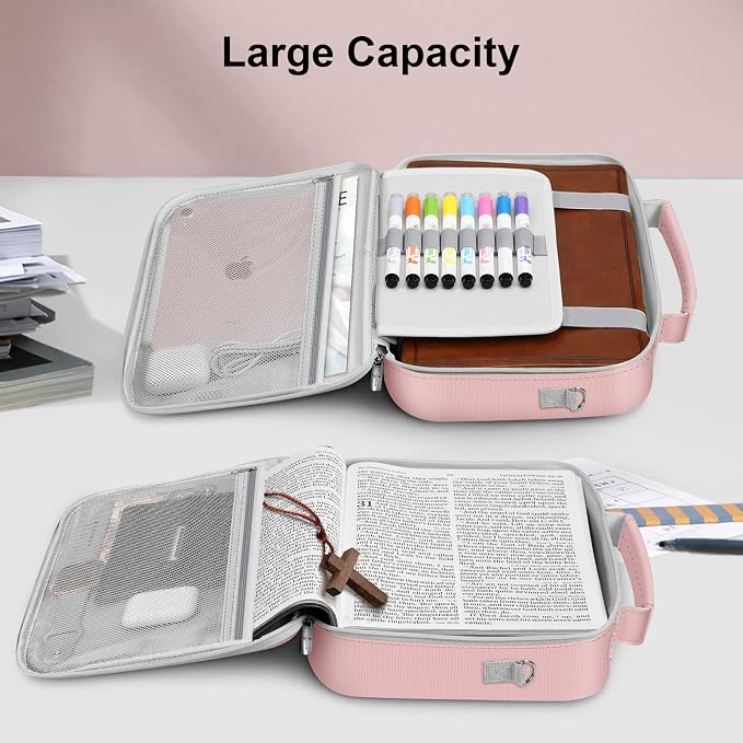 FINPAC Large Bible Cover w/Shoulder Strap, Carrying Book Case Church Bag Bible Protective w/Pen Slots and Zippered Pocket, Gift for Women Lady, Light Pink