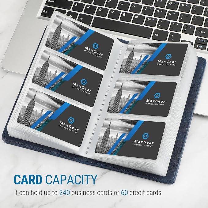 MaxGear Business Card Organizer Book, Holds 240 Cards, Portable PU Leather Business Card Holder with Clear Sleeves, Professional Card Binder for Office, Meetings, Networking, Blue
