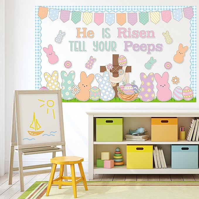 Easter Bunny Religious Cross Bulletin Board Set Jesus He is Risen Classroom Decoration Resurrection Cross Colored Rabbit Eggs Paper Cutouts for Spring Home Sunday School Wall Chalkboard Decor